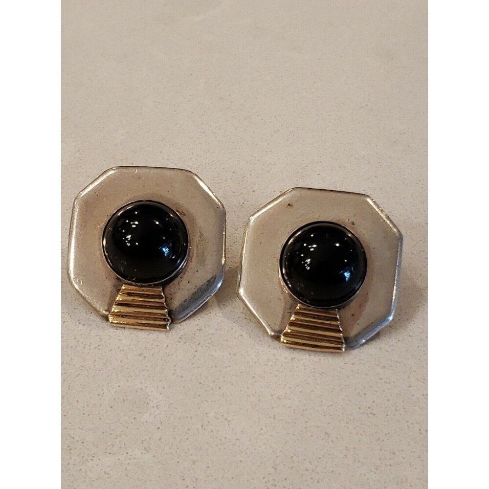 Leonore Doskow Sterling & 14k Mid Century Modern Black Onyx Pierced Earrings
